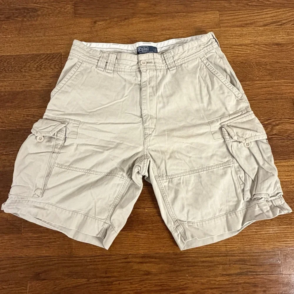 Polo Ralph Lauren Cargo Shorts Khaki Navy Blue Distressed Size 35 Y2K Men's